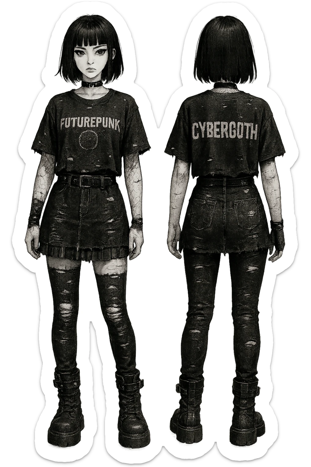 1 female outfit design for a VTUBER OC. The style is mixed 90's grunge, punk, lots of black and white in the color scheme, futuristic aesthetic. Clothing has small rips and tears from wear, logos and designs are faded. Garage, Shoegaze, postmodern style. character design concept art outfit for a female. [[FUTUREPUNK CYBERGOTH]] front on view, not 3/4 angle or any angle, perfect front, front and back view of each design,  sticker