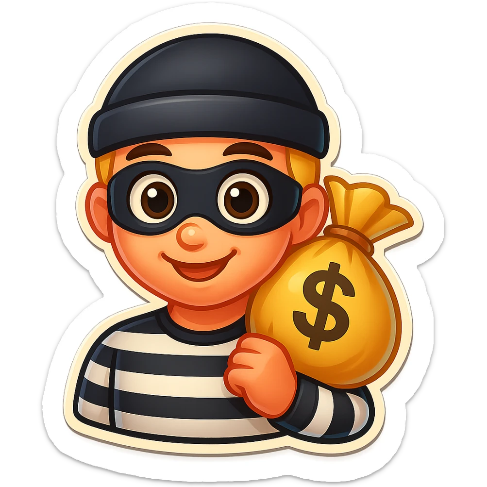 Create a colorful cartoon emoji style portrait of a robber with a black and white striped shirt, black beanie, black mask, carrying a bag of money over the shoulder, and big cartoon eyes, similar to the reference image. sticker