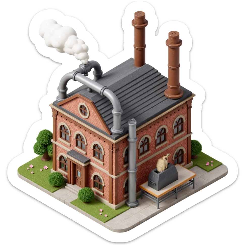 Outside view of an industrial cookie factory, multiple smokestacks, thick metal pipes crisscrossing the facade and roof, large windows hinting at inner machinery sticker