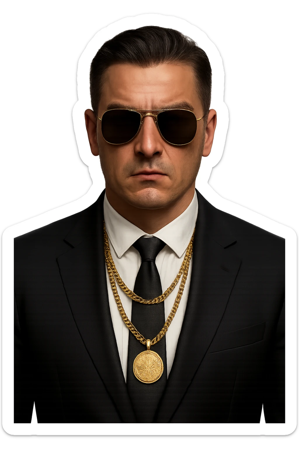 Make the emoji of an Albanian mafia member more realistic with detailed realism. Keep the black suit, sunglasses, gold chain, and intimidating attitude. No background. sticker