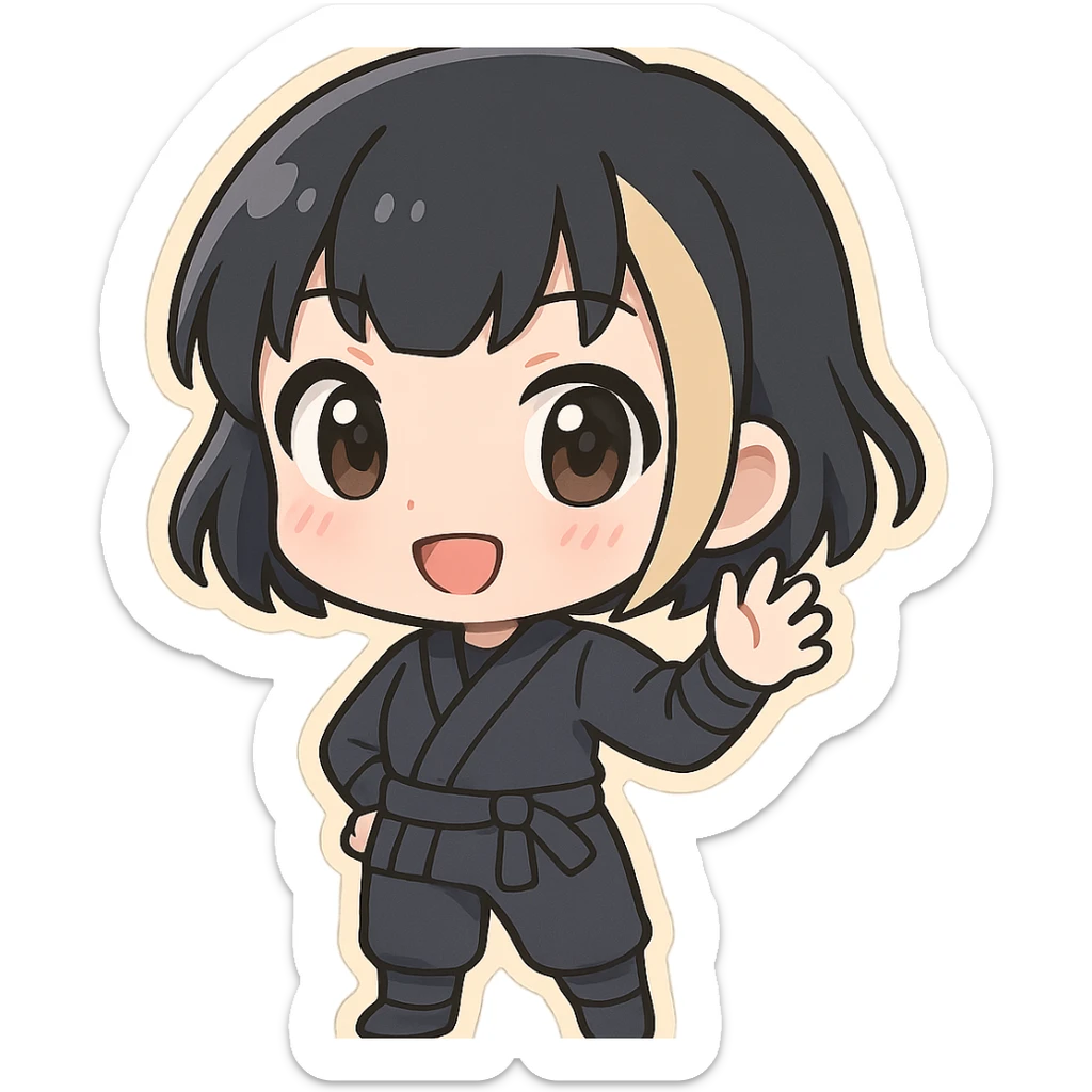 chibi ninja girl with black short hair and a blonde streak, big head, small body and arms, not overly round or infant-like, cute and playful, anime-style face with large expressive eyes, small nose and mouth, subtle blush, hand fully raised, waving to the right, smiling, pastel colors, soft shading, clean outlines, no mask sticker