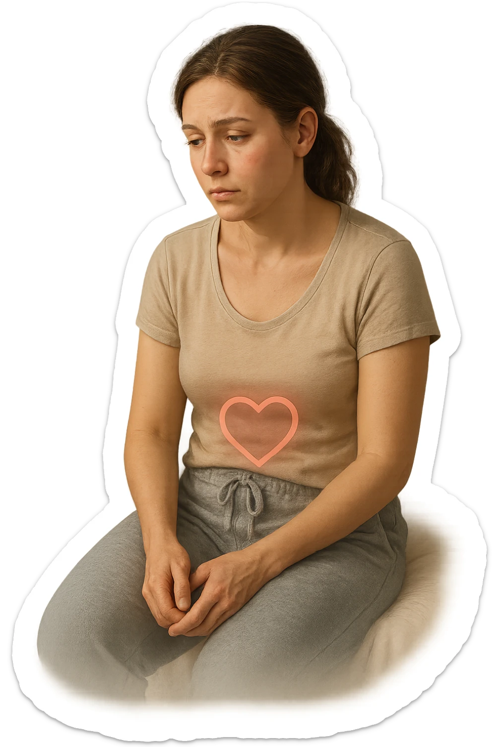 3D realistic medical illustration: a young woman in her 20s or 30s sits on the edge of a bed in a softly lit bedroom, looking thoughtful and slightly concerned. She wears comfortable loungewear, her posture is slouched, and her expression is subdued. Subtle visual cues—such as a faded calendar with missed menstrual cycles and a dimmed heart or energy icon near her abdomen—symbolize low libido and amenorrhea. The scene is realistic, intimate, and empathetic. sticker