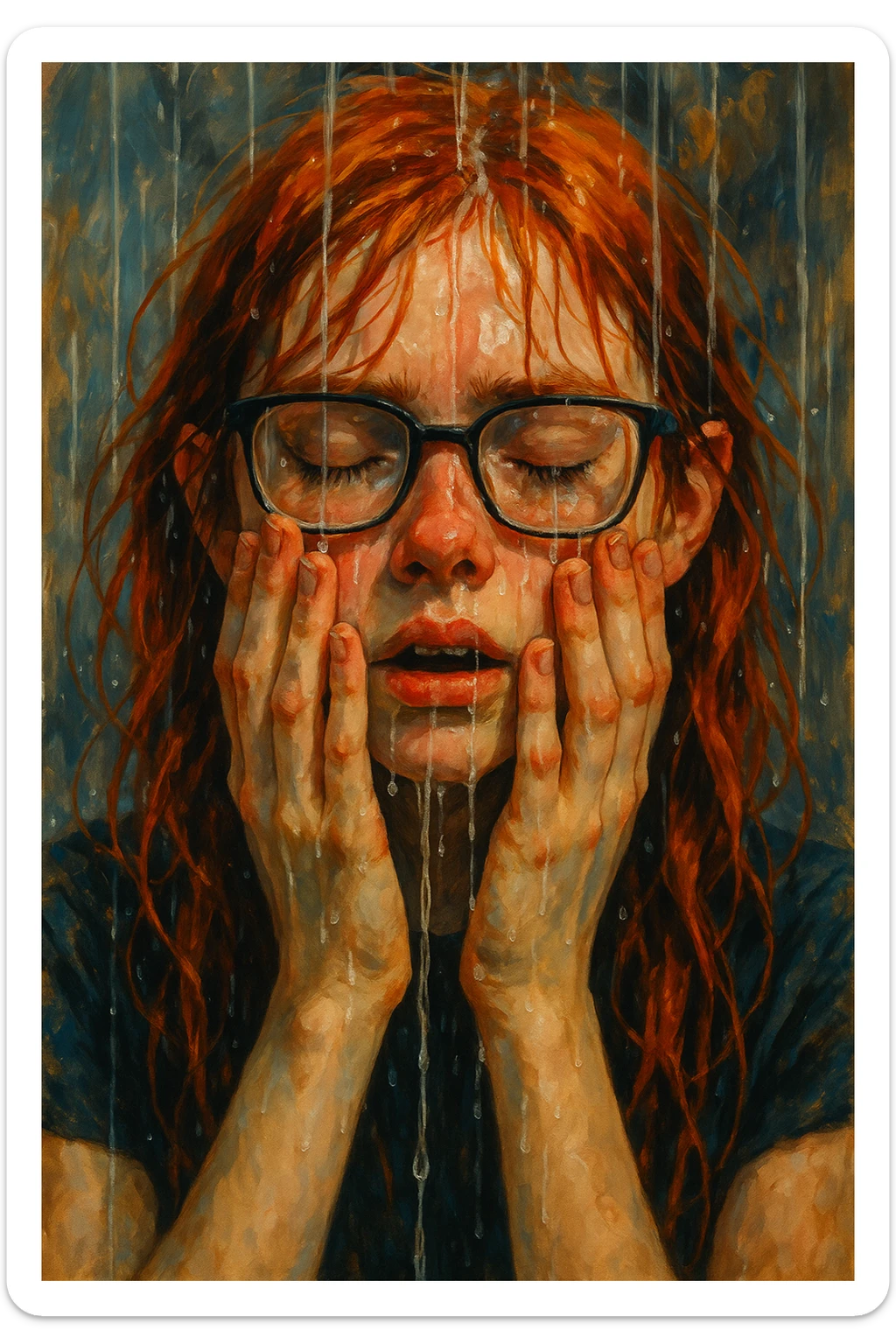 girl with red hair and glasses, hands pressed to her face, water pouring down, semi-realistic digital art style sticker