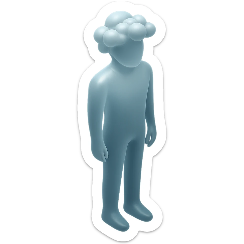 a person standing straight, made entirely of white fluffy convex clouds up to the shoulders, matte glass style sticker