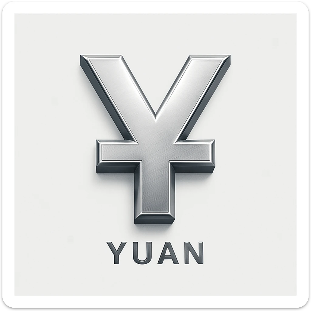Change the color of the 3D yuan sign to silver in a 3D style with metallic texture, similar to the original 3D yuan sign image. sticker