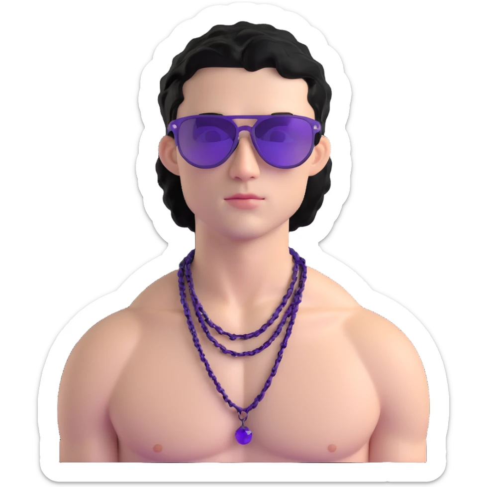 shirtless male athlete with white skin and moderately curly black hair on top with shaved sides, wearing purple sunglasses with very dark heavily tinted black lenses, and a simple plain black chain necklace, no earrings or other jewelry sticker