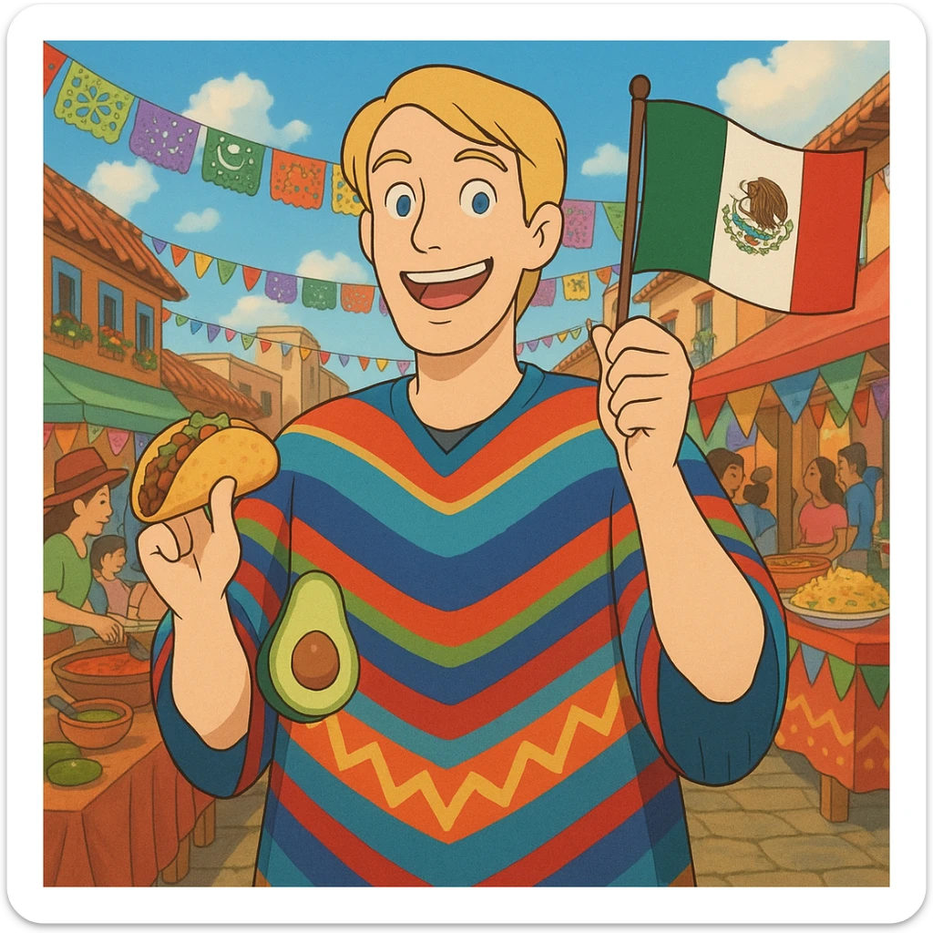 cartoon of a tall blonde American in a colorful poncho, smiling, holding a taco and avocado, waving a Mexico flag, festive street party background with food and decorations sticker
