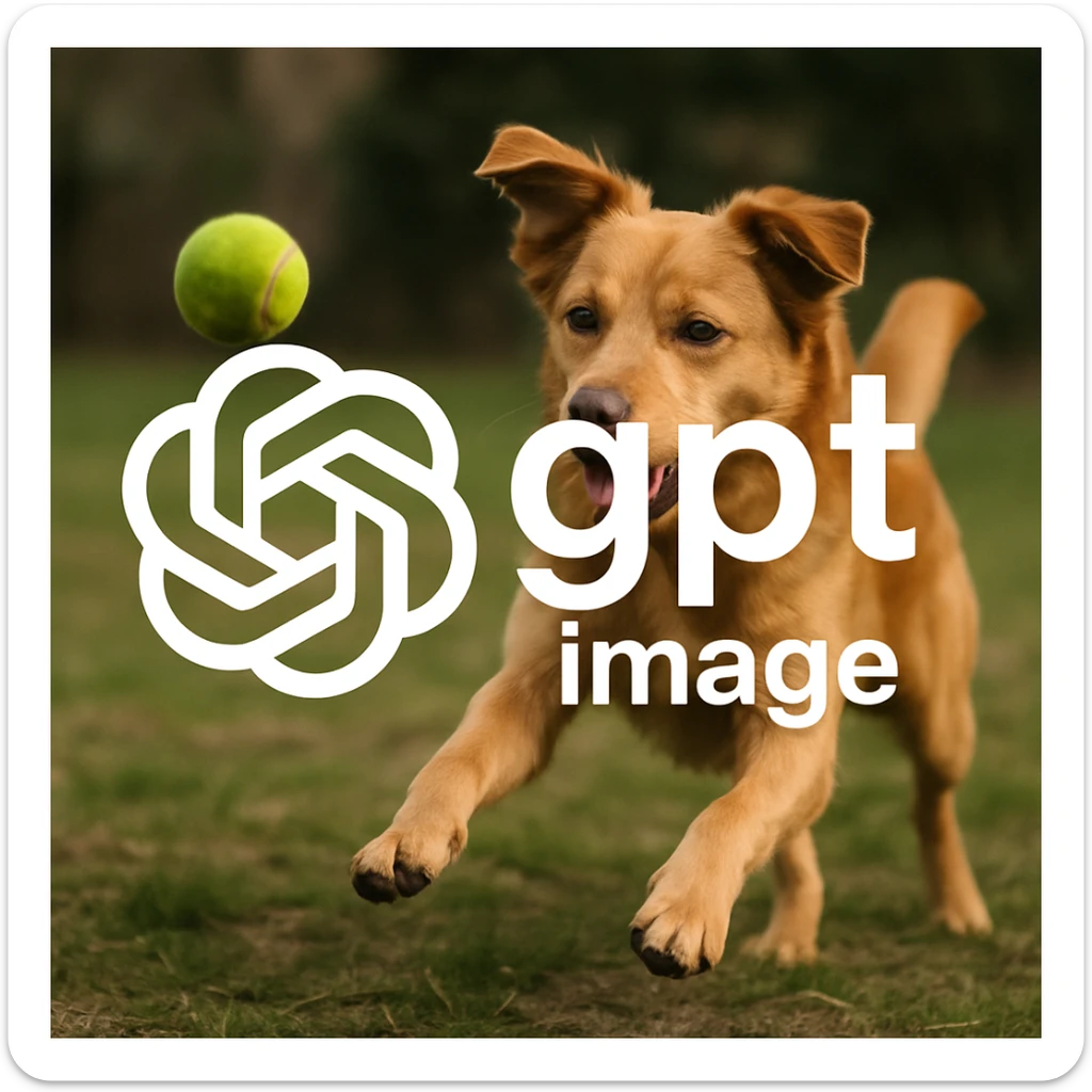  logo of chat gpt with text "gpt image" on the background of a dog chasing ball, realistic image sticker