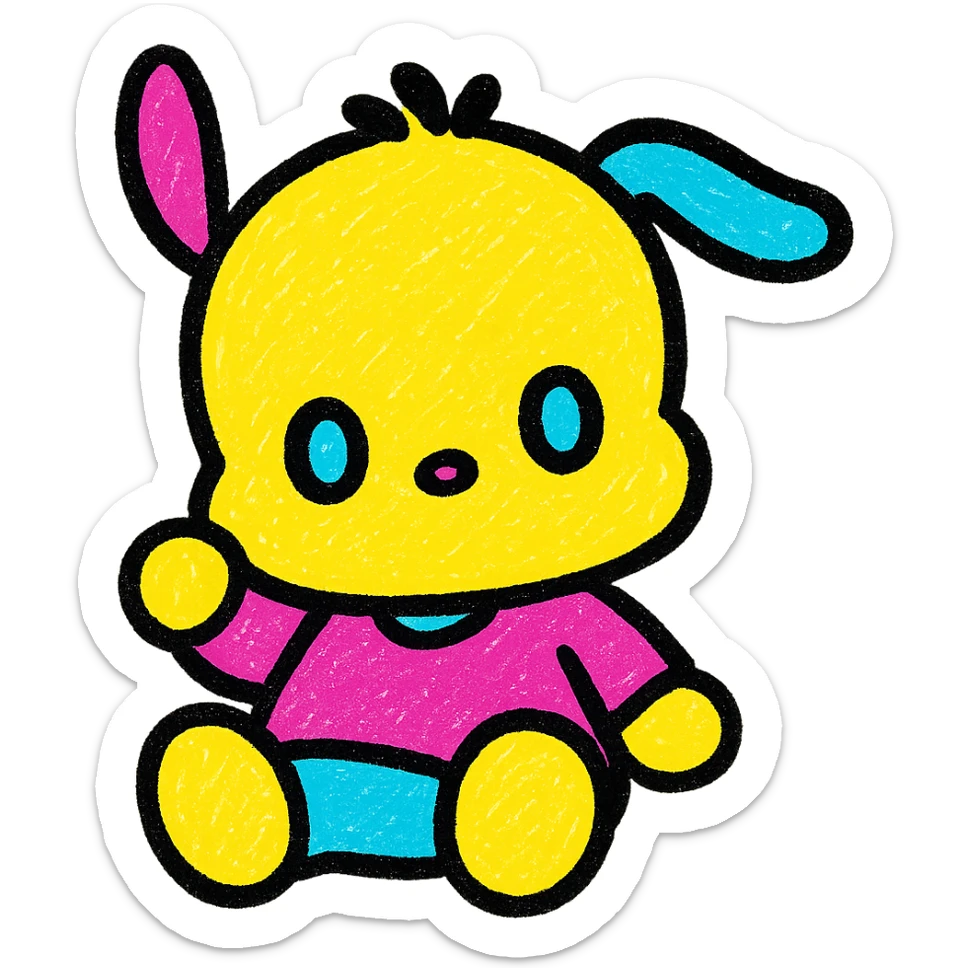Sanrio Pochacco as a cute Popmart doll emoji, big round eyes, plushy texture, small body, playful pose, pastel colors, adorable expression sticker