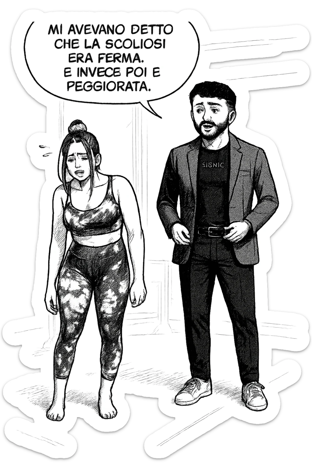 fai questa immagine in versione fumetto/manga/webtoon, il manga mostra la donna disperata con un fumetto sulla testa che dice:
Mi avevano detto che la scoliosi era ferma… e invece poi è peggiorata.
 sticker