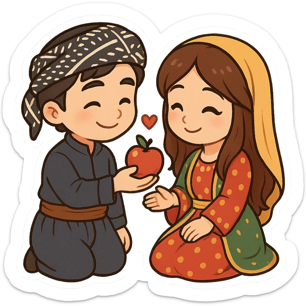 cartoon sticker of a Kurdish rural boy and girl, boy wearing traditional Kurdish clothes, girl wearing traditional Kurdish female clothes, boy giving an apple to the girl expressing love, romantic and joyful scene, no text, suitable for WhatsApp and Instagram, transparent background sticker