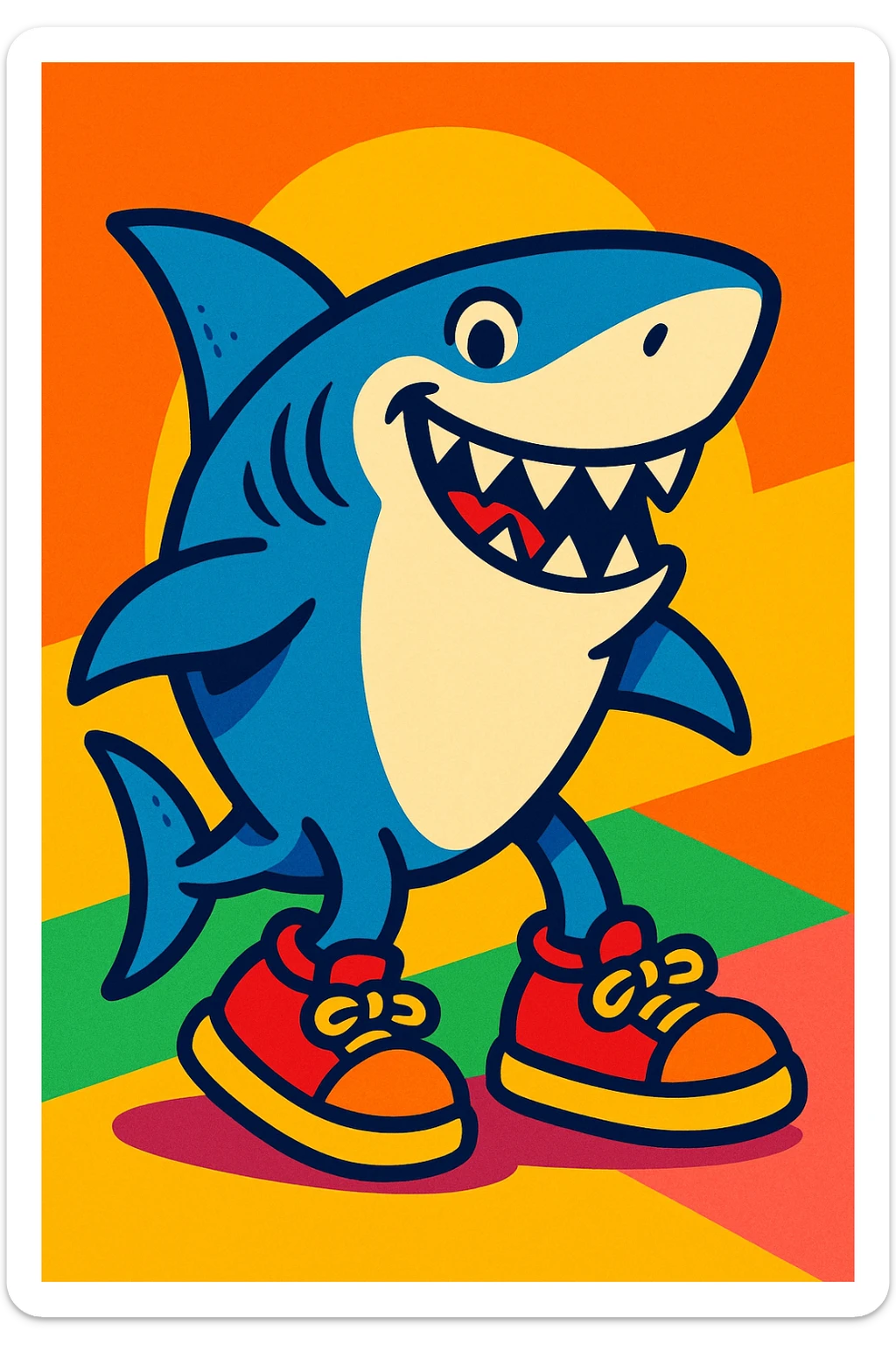 a shark wearing shoes, colorful cartoon style, vibrant and lively sticker