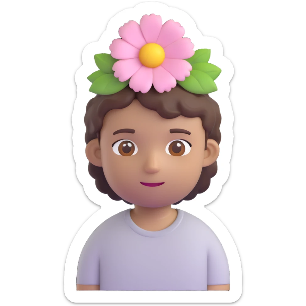 a boy with fluffy, wavy short hair and brown eyes, wearing a light grey t-shirt and a light pink flower on his head, 3D emoji style sticker