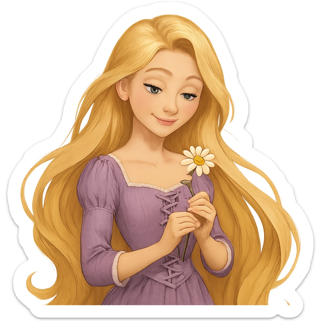 a girl resembling Rapunzel with flowing blonde hair, holding a flower, gentle smile sticker