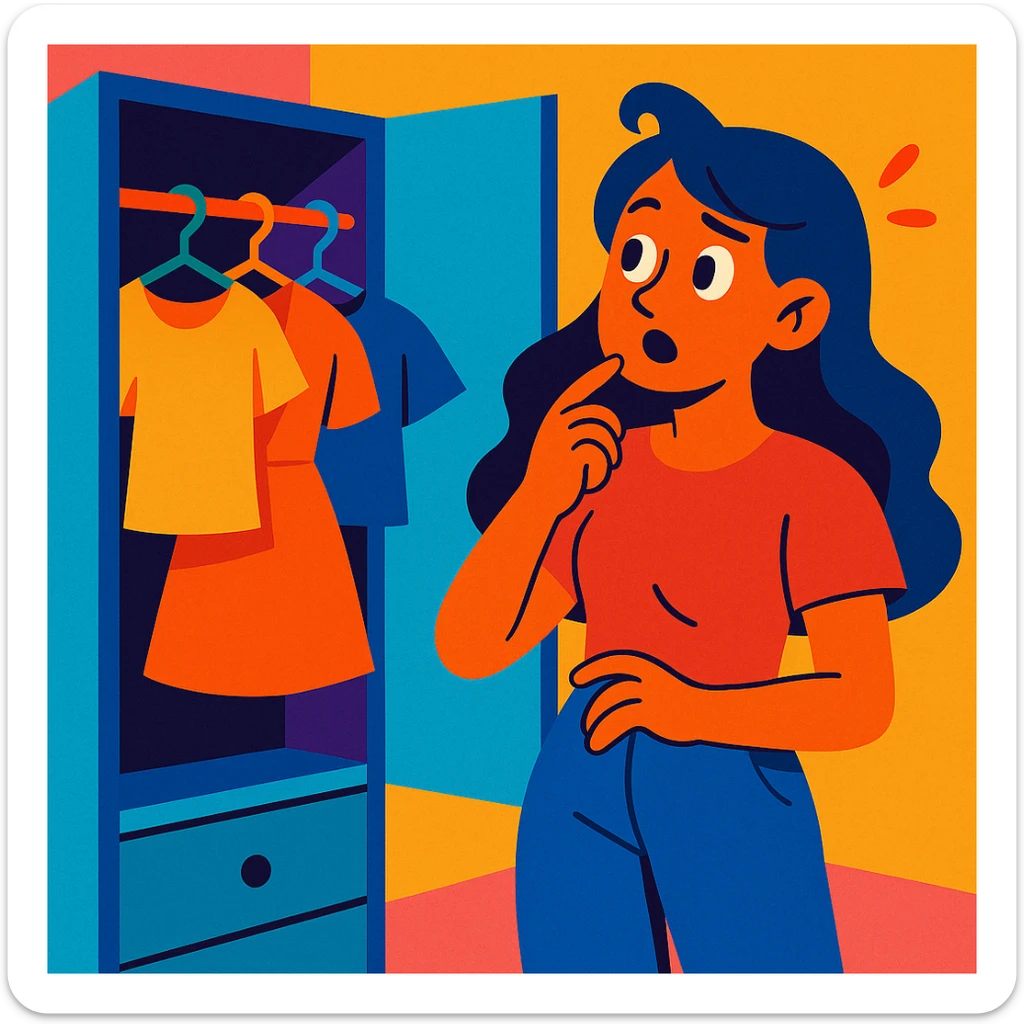girl deciding what to wear, looking at a closet, expressive, modern illustration, vibrant toon style, colorful, playful sticker