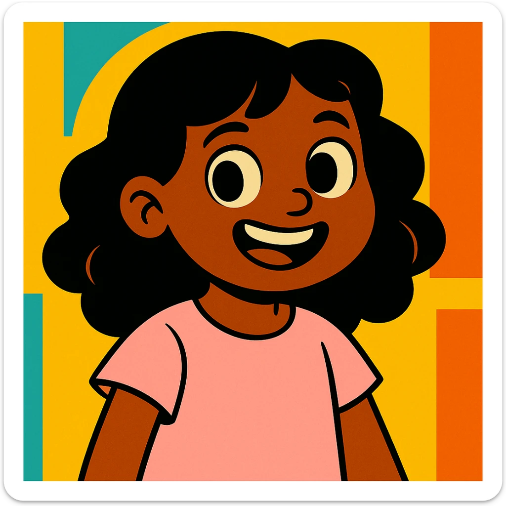 Make the black wavy hair arm length, keep the brown girl and cute light pink shirt, vibrant cartoon style sticker