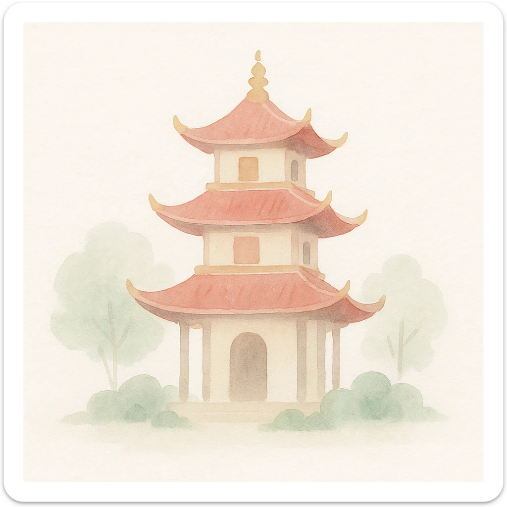 soft watercolor illustration in a minimalist modern style of a traditional Vietnamese pagoda with multiple tiered roofs, red and gold colors, ornate decorations, peaceful garden setting, pastel colors, delicate linework, gentle whimsical mood, minimal soft shading sticker
