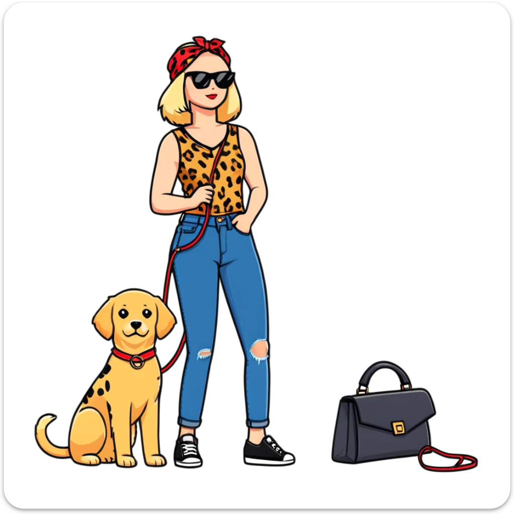 stylish woman in leopard print sleeveless top, flared jeans, sunglasses, black bag, squatting next to happy golden retriever with red bandana and blue leash, urban brick wall background, side angle sticker