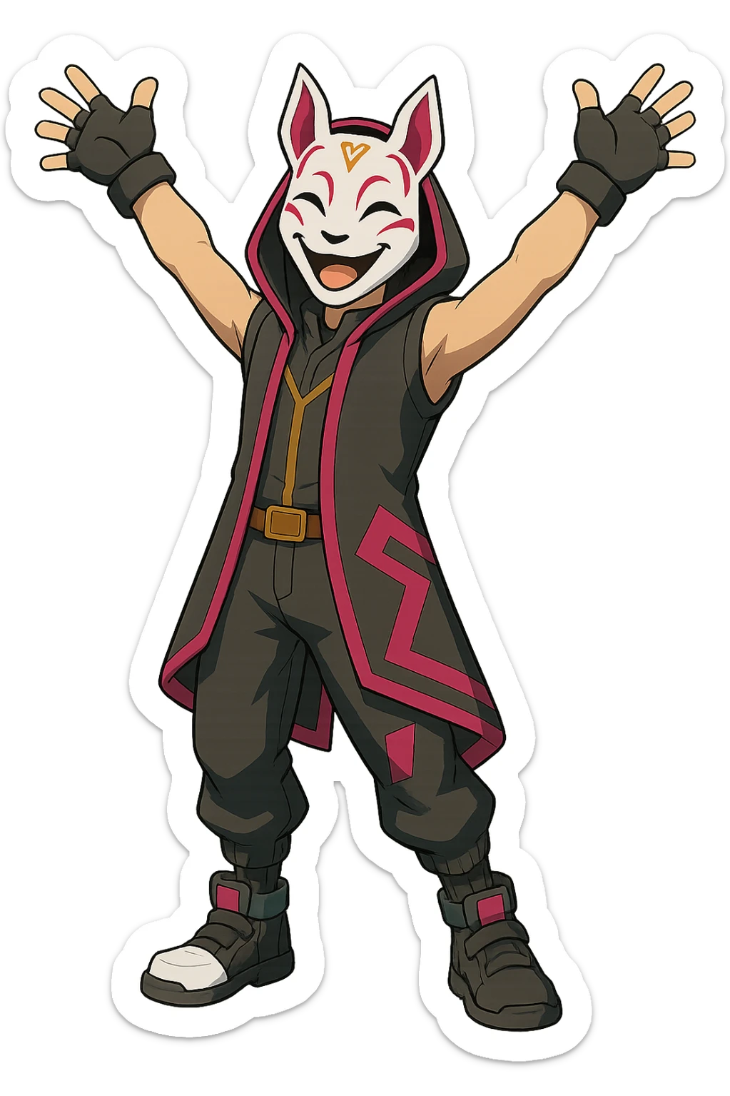 Make the Fortnite Drift skin look happy with a joyful pose and cheerful body language, keeping the stylized look, transparent background. sticker