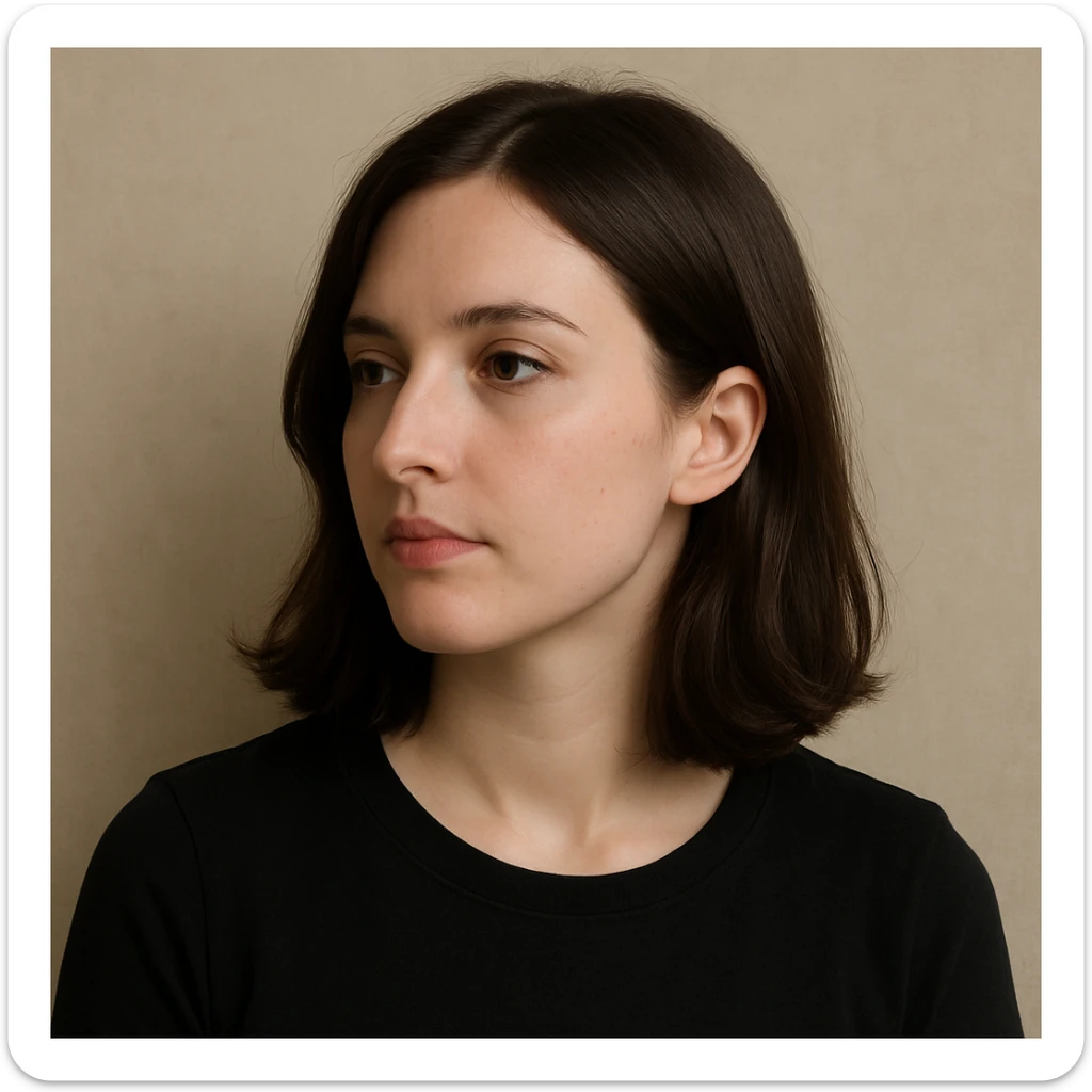 portrait of a white lady with dark brown shoulder length hair, looking to the side, simple background sticker