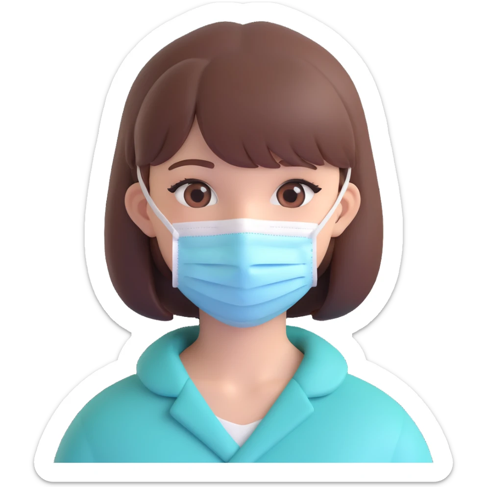 Old girl wearing medical mask with bangs and short hair, hair color brown sticker