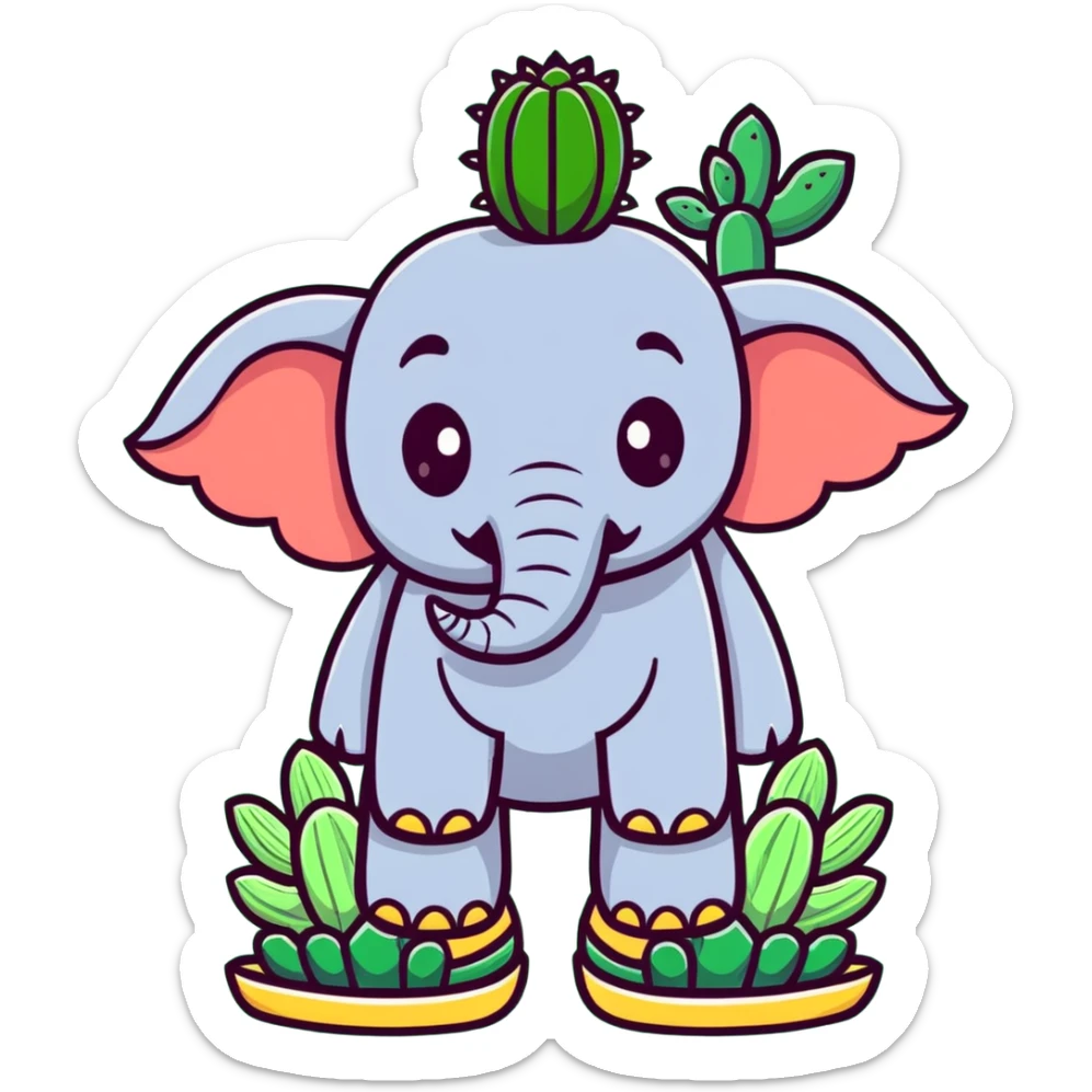 elephant with a cactus body wearing sandals, elephant head on top of a green cactus body with sandals on its feet sticker