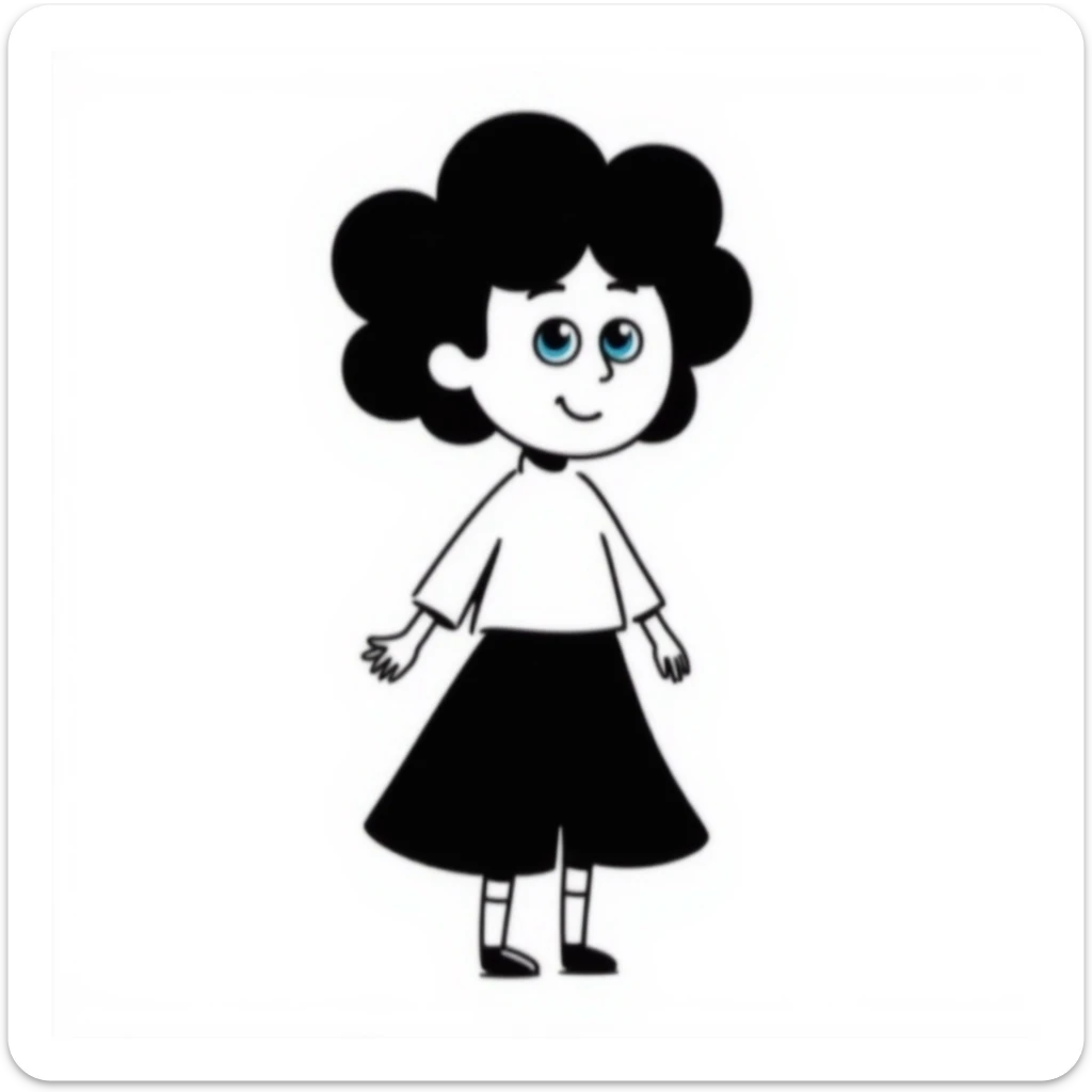 a girl with curly hair, pale skin, and blue eyes, hand-drawn doodle style sticker