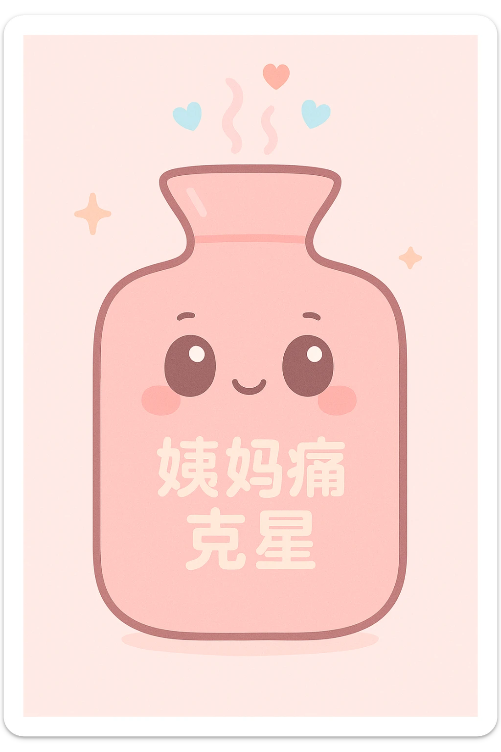 kawaii-style pink hot water bottle with '姨妈痛克星' written on it, steam and hearts rising from the top, exuding warmth and love, symbolizing special care during period days sticker