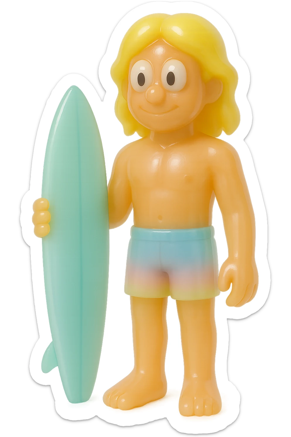 full-body surfer bro, retro 90's toy style, very transparent and slightly see-through, natural tan skin, blonde hair, colorful shorts, large white eyeballs with small black pupils, soft plastic texture, soft reflections, soft and squishy, some cloudiness, not shiny, highly detailed, appealing, no tag, no background sticker
