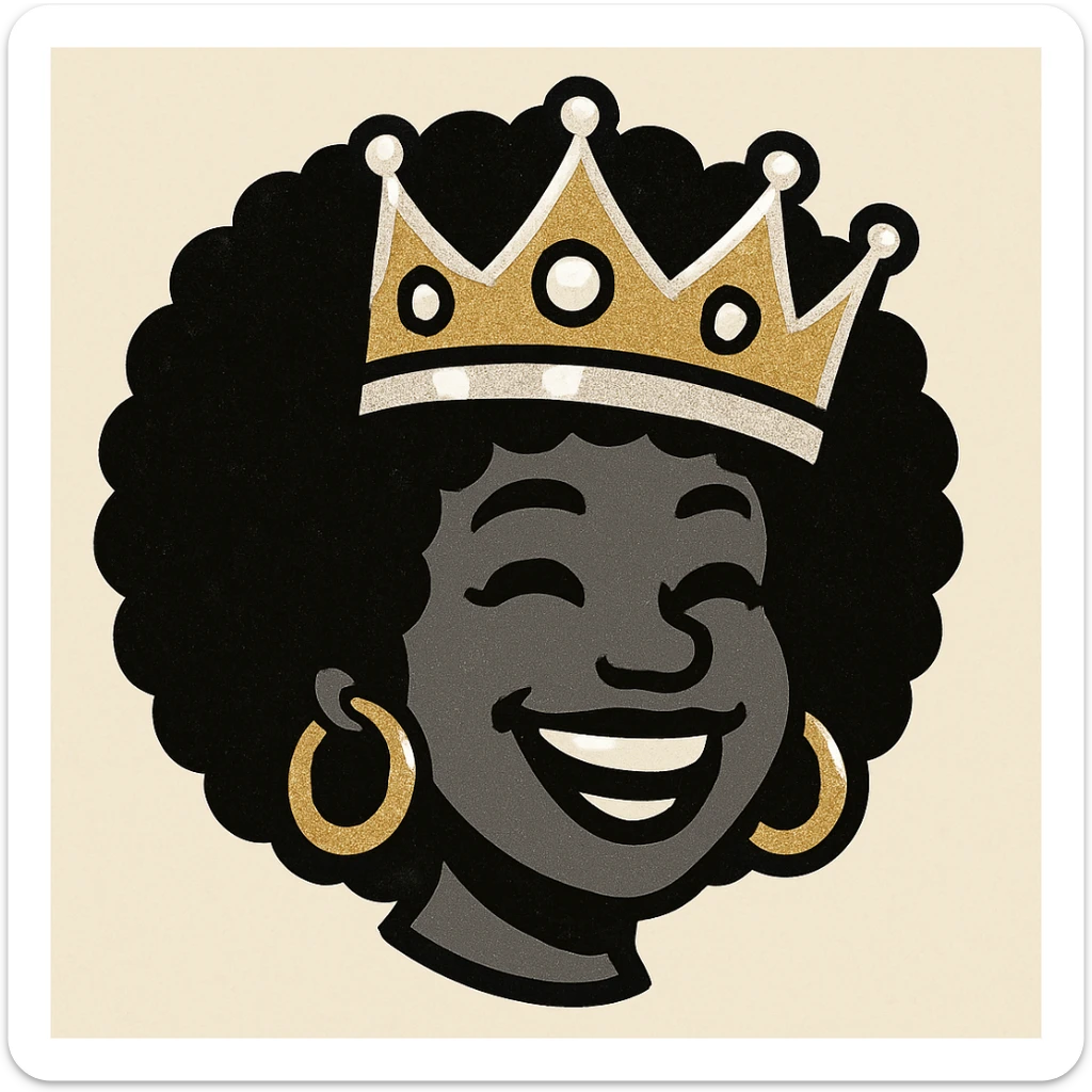 Create a 1970s disco emoji of just the head of a female African American, showing a joyful expression, afro hairstyle, and a 70s style crown. Use only gold, silver, black, and white colors. Render in vibrant pop colors style. sticker