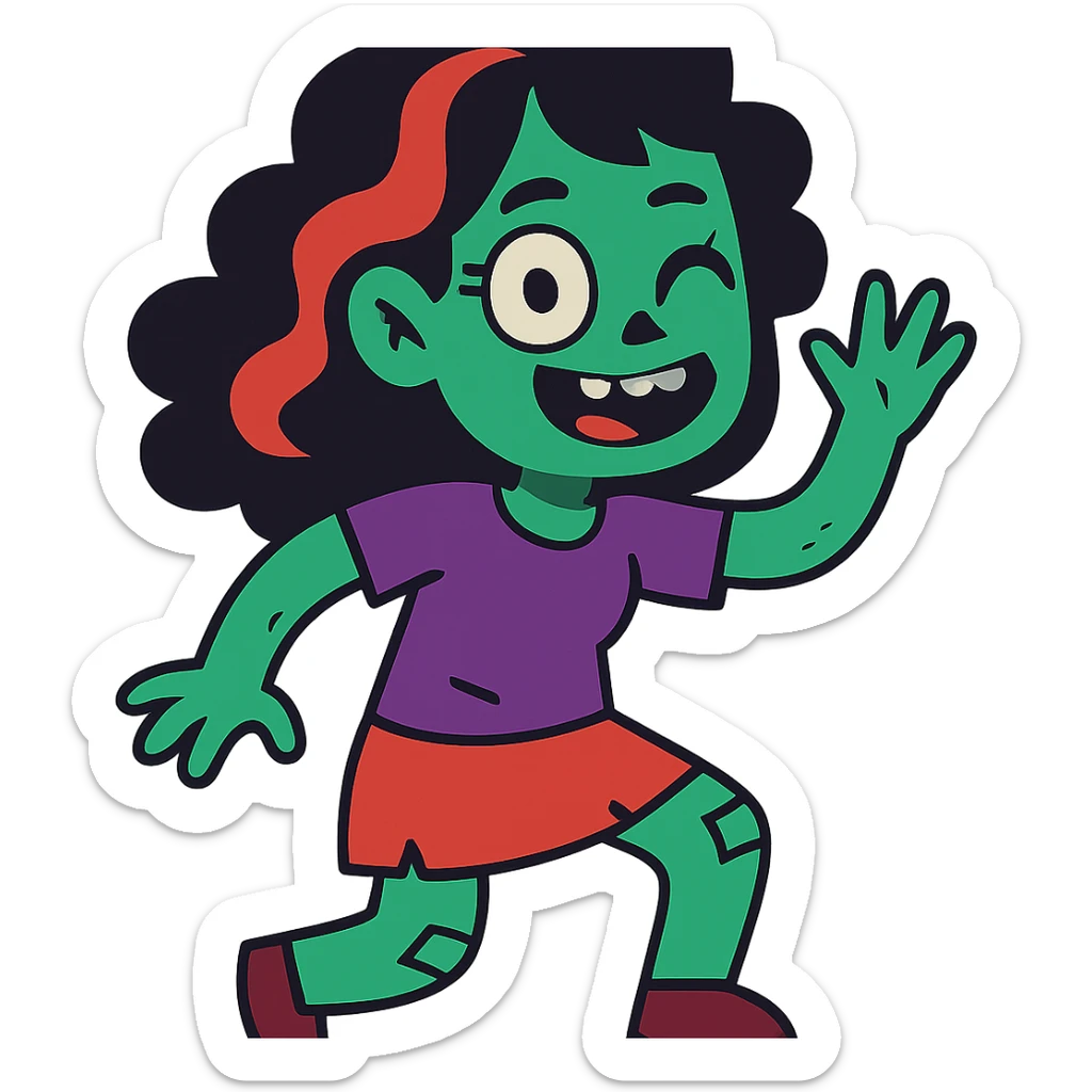 vibrant cartoon style of a zombie girl with curly black hair and red streaks, fun expression, transparent background sticker