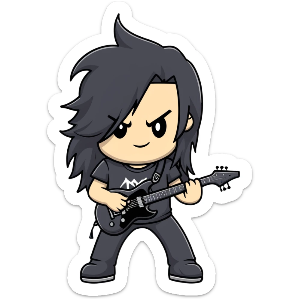A metalhead with long flowing black hair, wearing a black heavy metal t-shirt, smirking confidently sticker