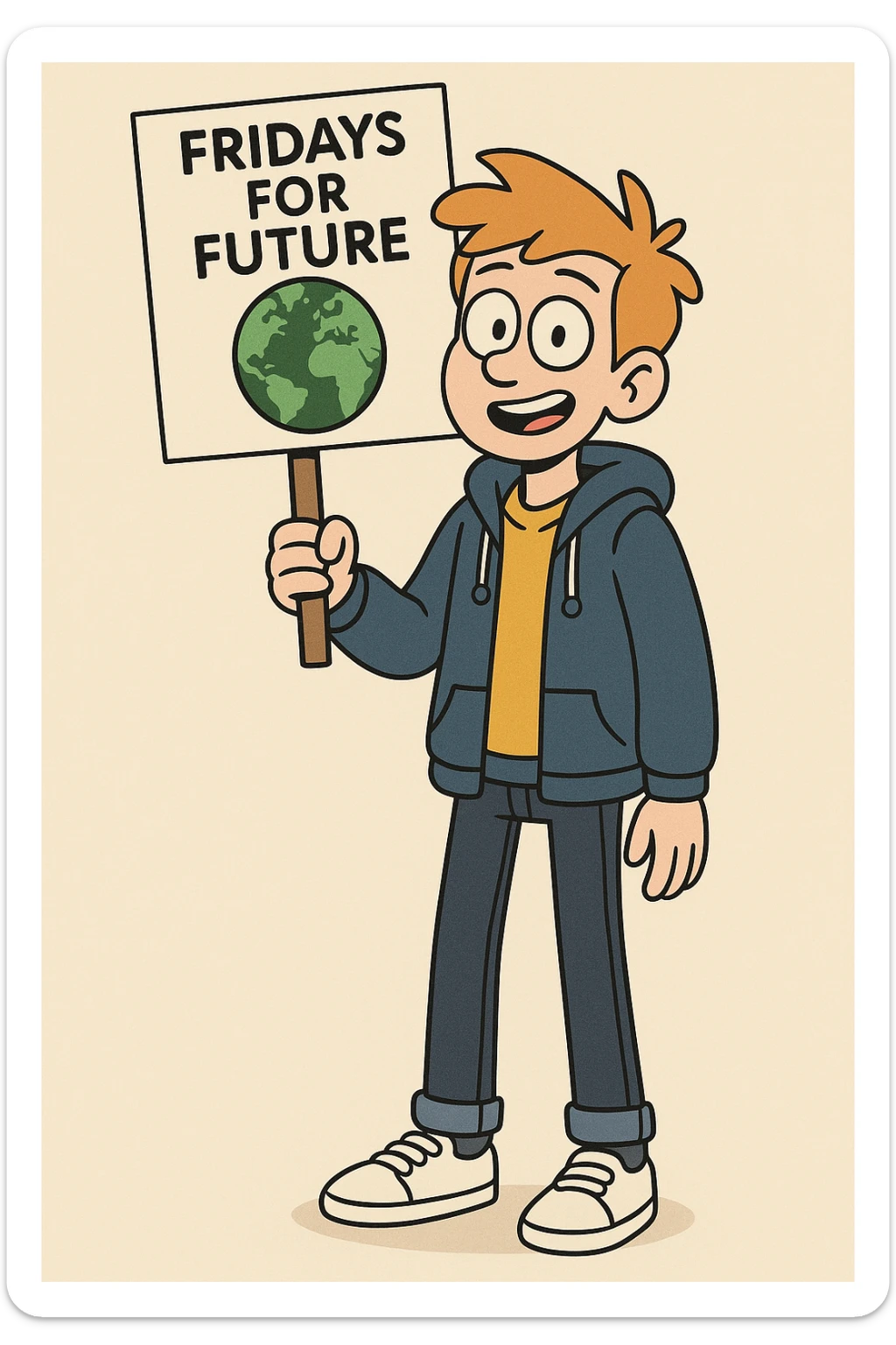  Fridays for Future a boy Yellow Orange hair shirts blue jackets hoodie dark blue jeans white shoe  sticker