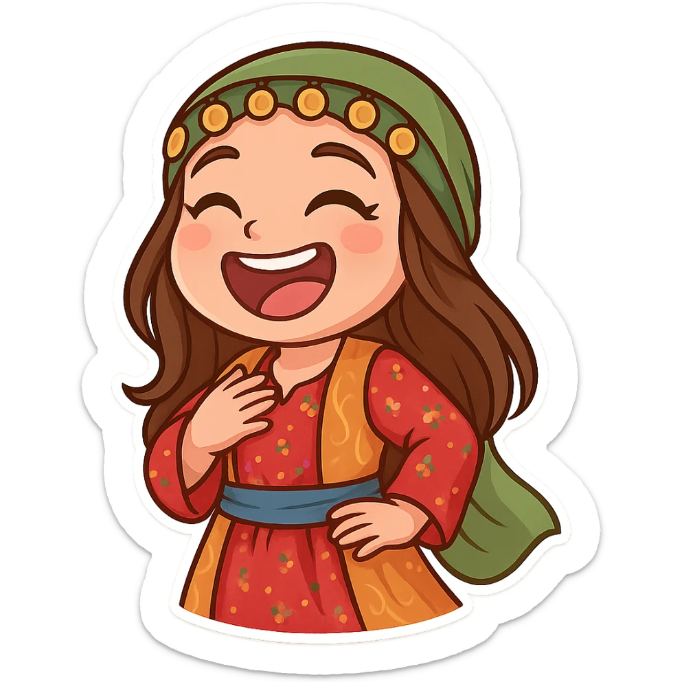 Cartoon sticker of a Kurdish woman in traditional Kurdish female clothing, colorful and cheerful, face with loud laughter and big smile, no text, suitable for WhatsApp and Instagram, transparent background. sticker