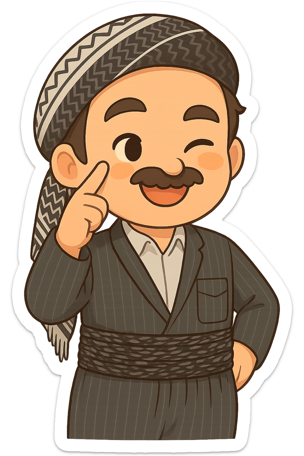 Cartoon sticker of a Kurdish man with the same clothes and scarf as the reference image, no changes to clothes or scarf. Face with a winking eye and smile expression similar to the 😉 emoji. Hand next to the face with the index finger near the eye. Colorful and cheerful, no shadows or color halos around the image, no text, fully transparent background, suitable for WhatsApp and Instagram. sticker
