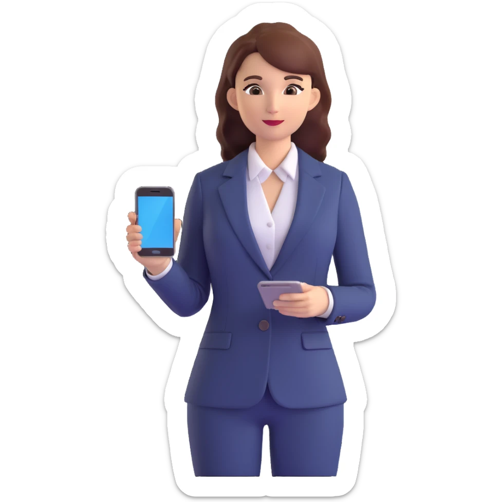 3D illustration of a businesswoman holding a smartphone, standing, professional look, realistic details sticker