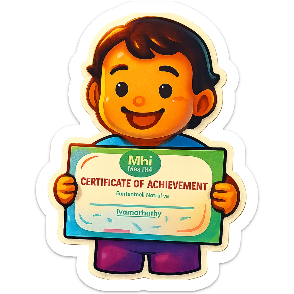 Create a simple and cheerful emoji of a smiling child holding a certificate, with a transparent background, in a retro stickers emoji style. sticker