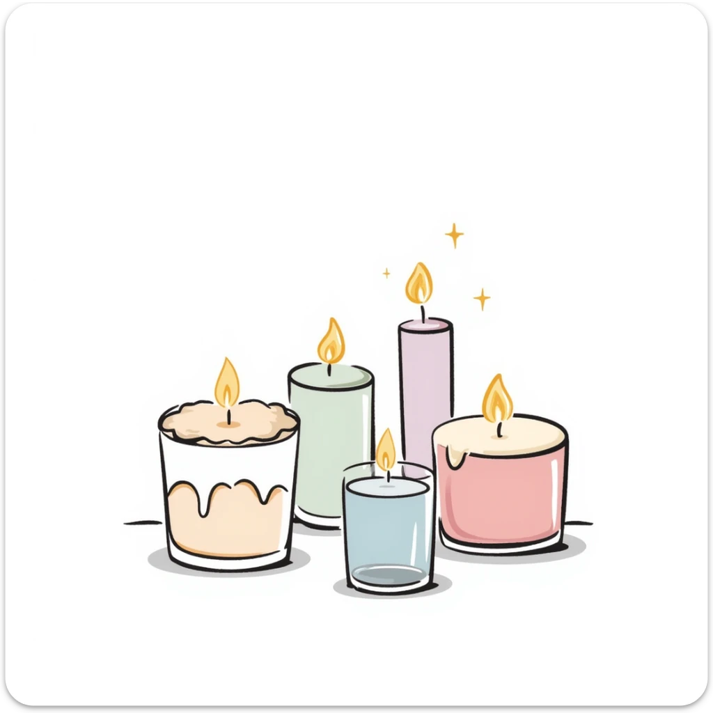 candles in glass holders, some lit with gentle flames, pastel colors dd9fb0 ffc6d3 a3bfc9 c4bee2 f1b091, detailed hand-drawn doodle style sticker