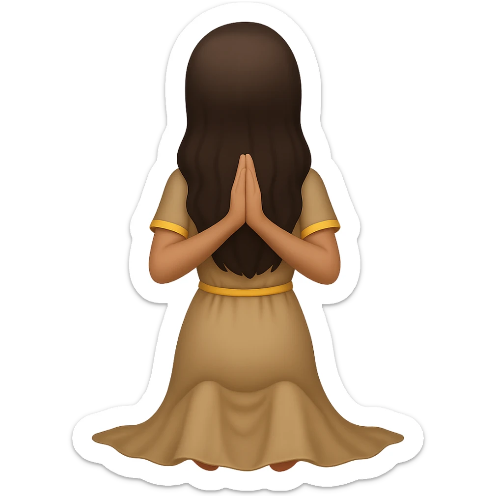 Show the woman kneeling and praying from the back view, wearing a long tan dress, with dark brown hair, in emoji style, no background. sticker