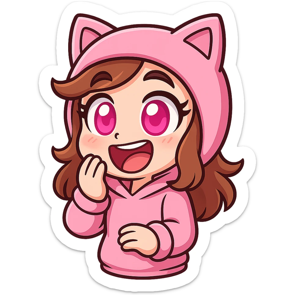 Extract the top left character wearing a pink cat hoodie with pink eyes as a fully visible, separate image with a transparent background, keeping the original chibi stickers cartoon style and appearance. sticker