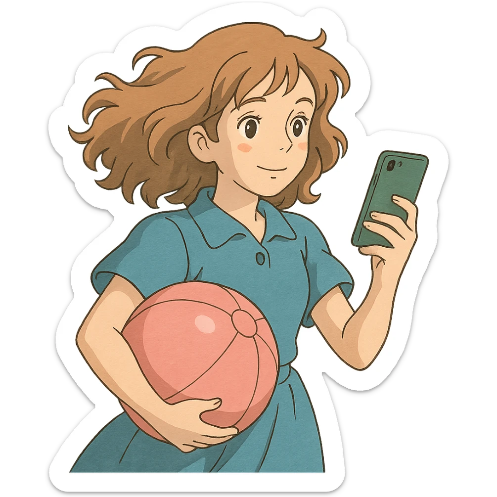 ghibli style white girl with wavy hair holding her phone and a pink beach ball sticker