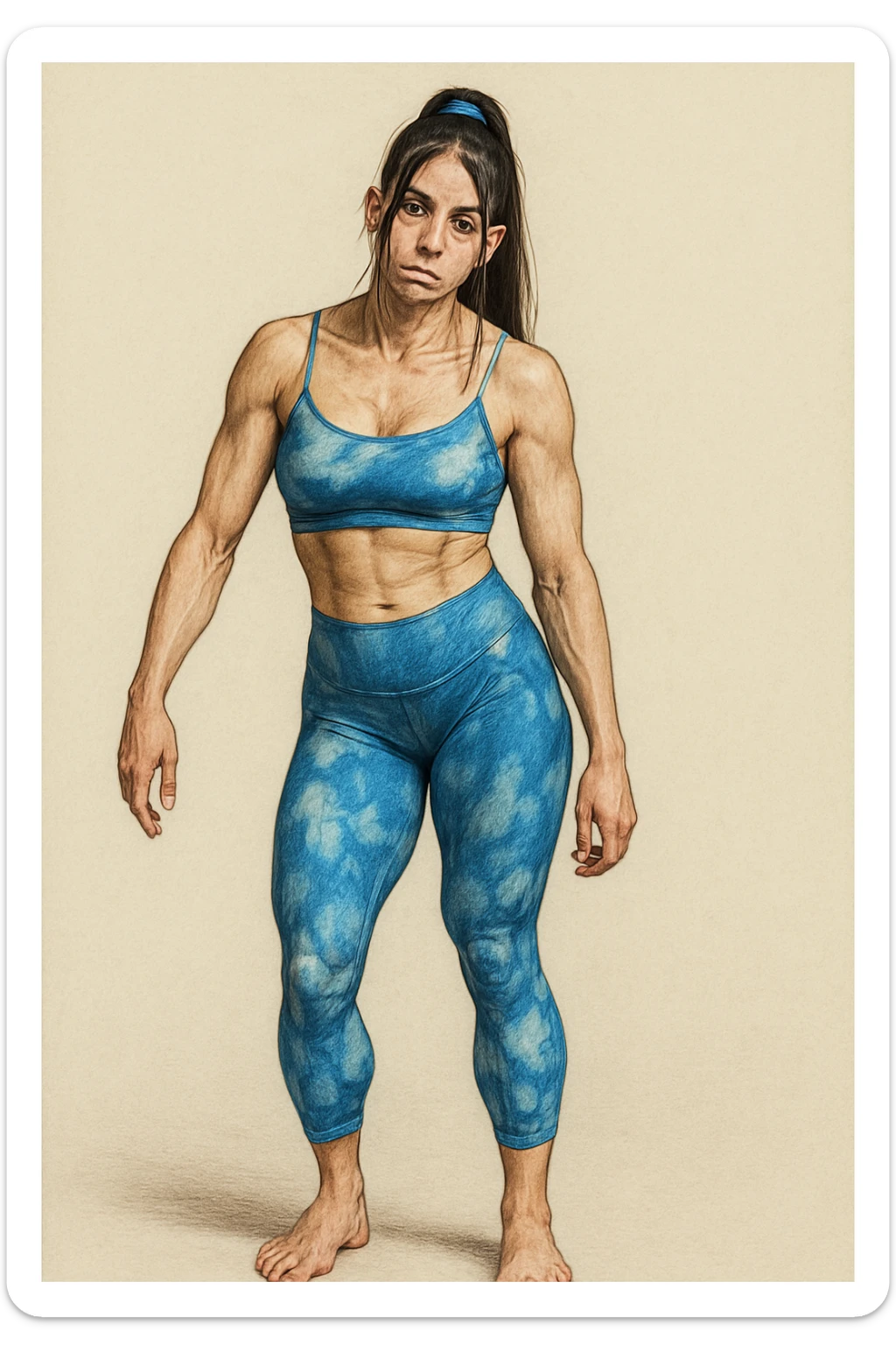 Realistic style illustration of a woman in sportswear with an asymmetric posture showing evident postural problems. The anatomy is clearly visible with muscles and joints emphasized. The background is neutral and the format is vertical, inspired by the reference photo. sticker