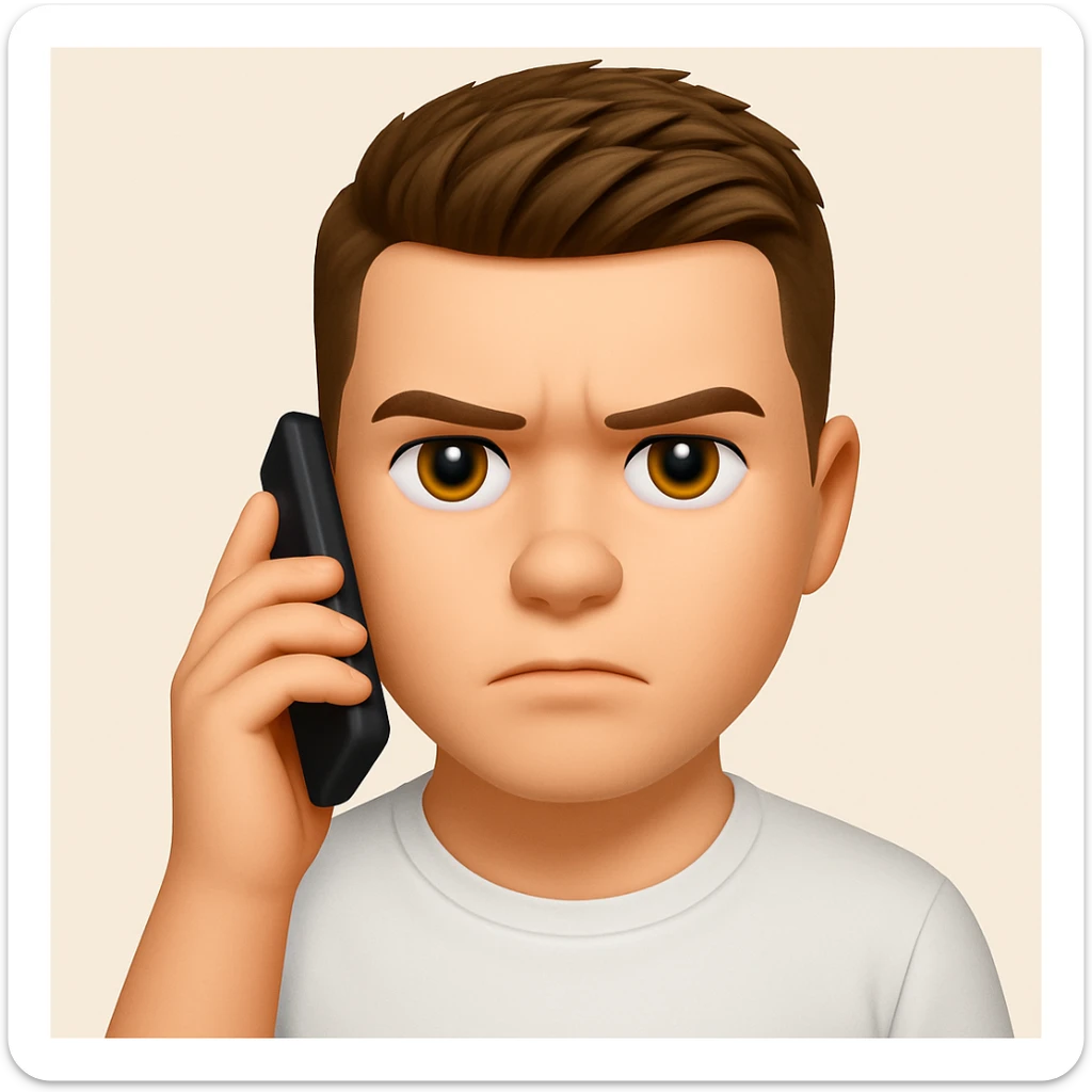 Based on these photos, make an emoji with facial features intact, man in white t-shirt, talking on phone, serious face sticker