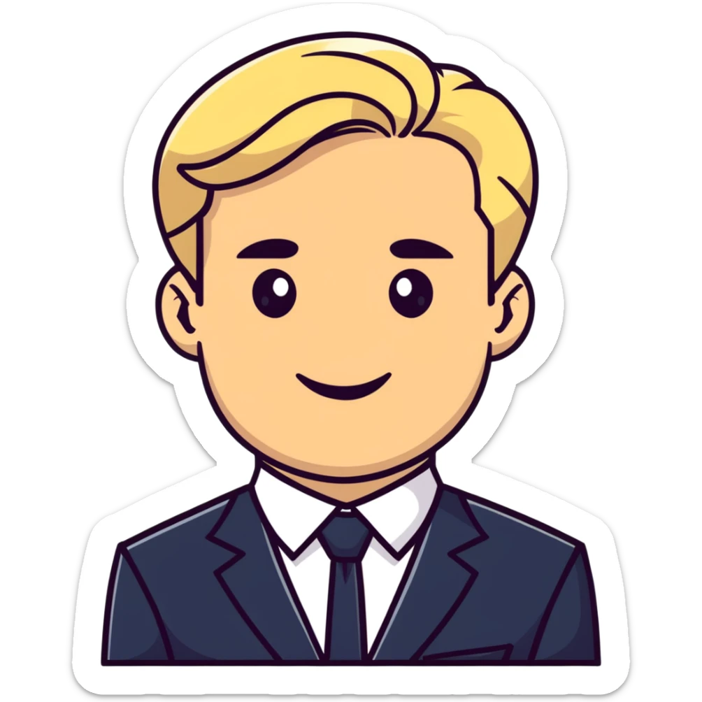 Oleg Tinkov, smiling, blond hair, wearing a business suit sticker
