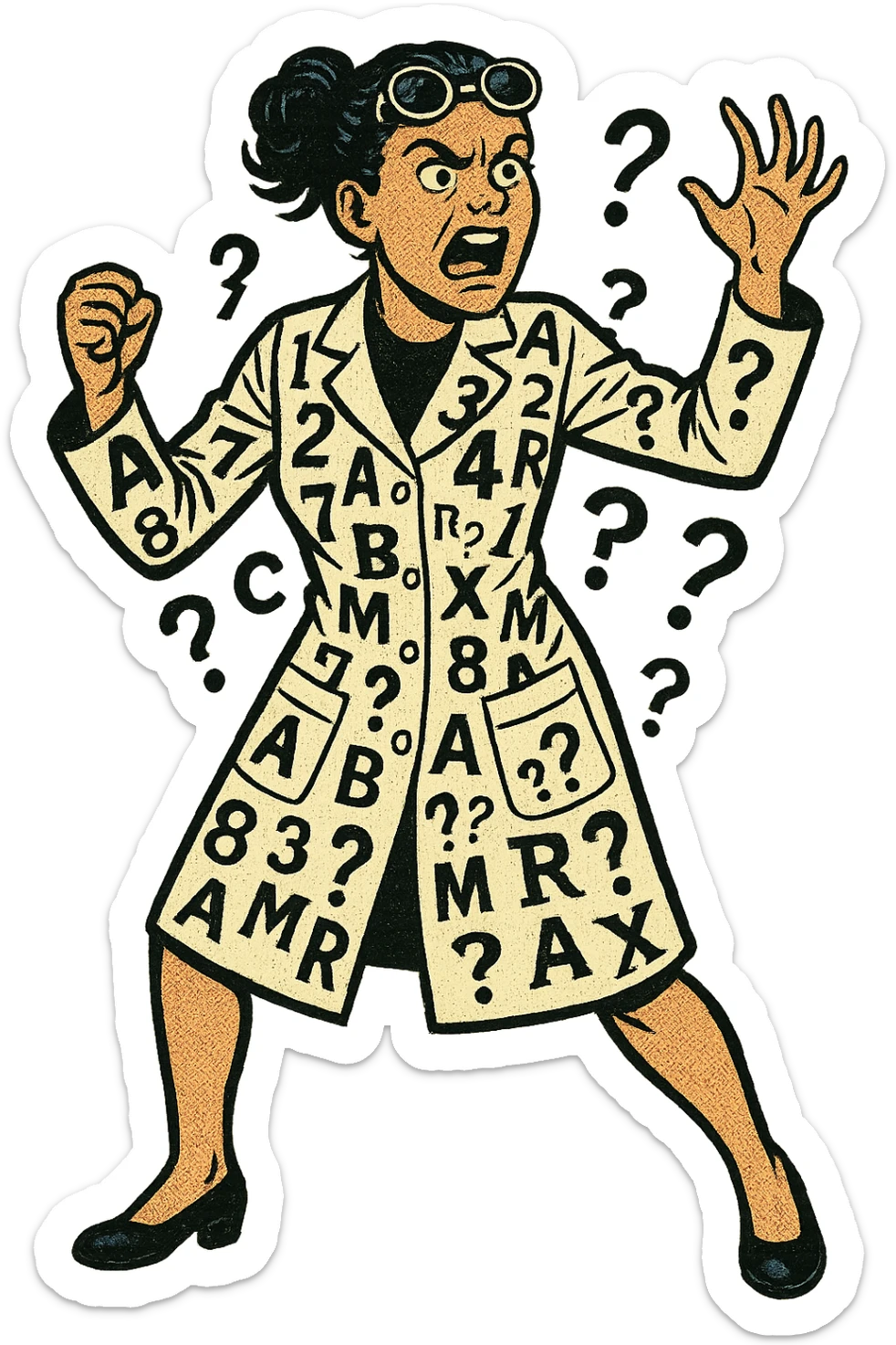 The full body of A mad female scientist with numbers, question marks and letters printed all over their white coat sticker