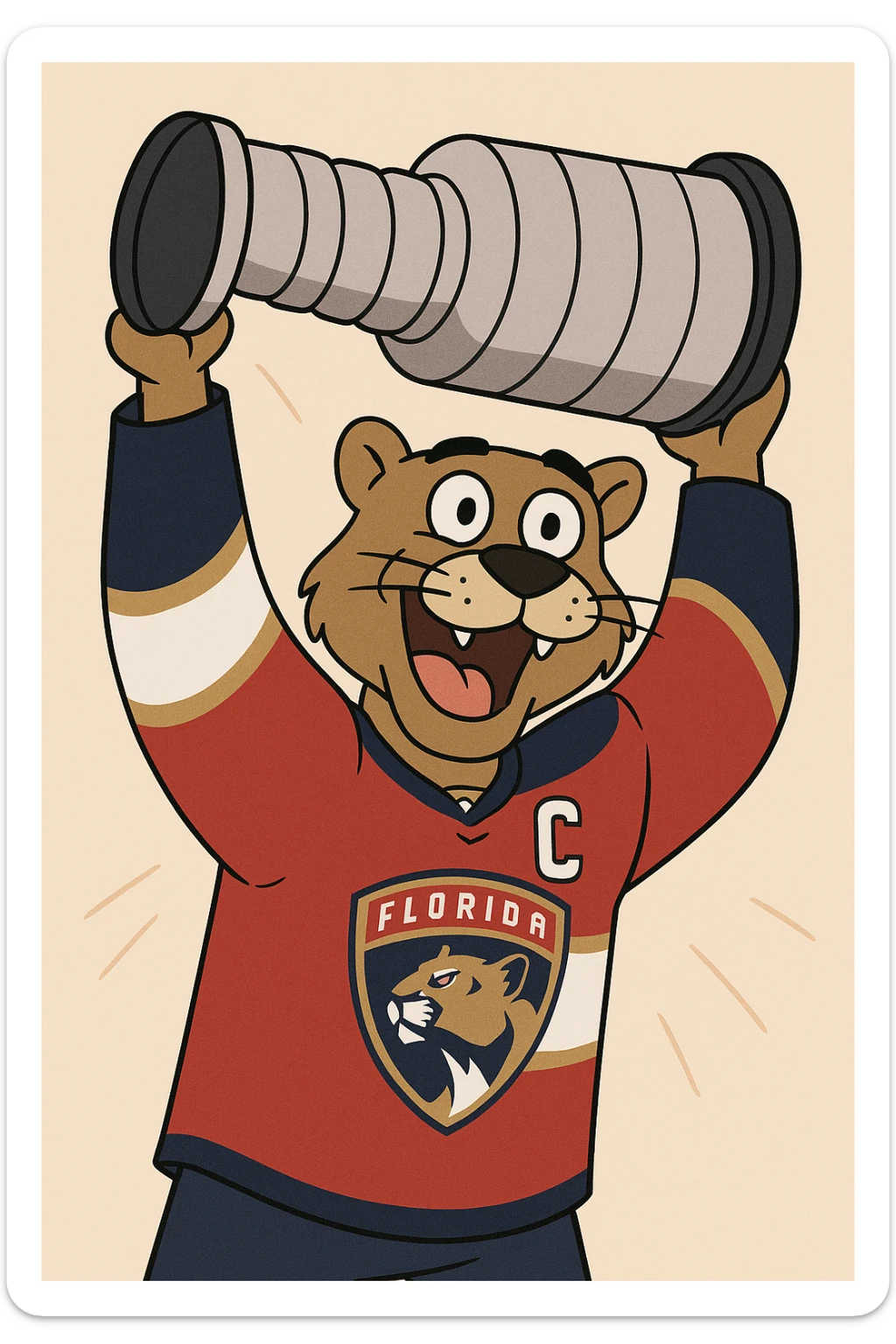 Florida Panthers hockey team mascot celebrating with the Stanley Cup, cartoon style sticker