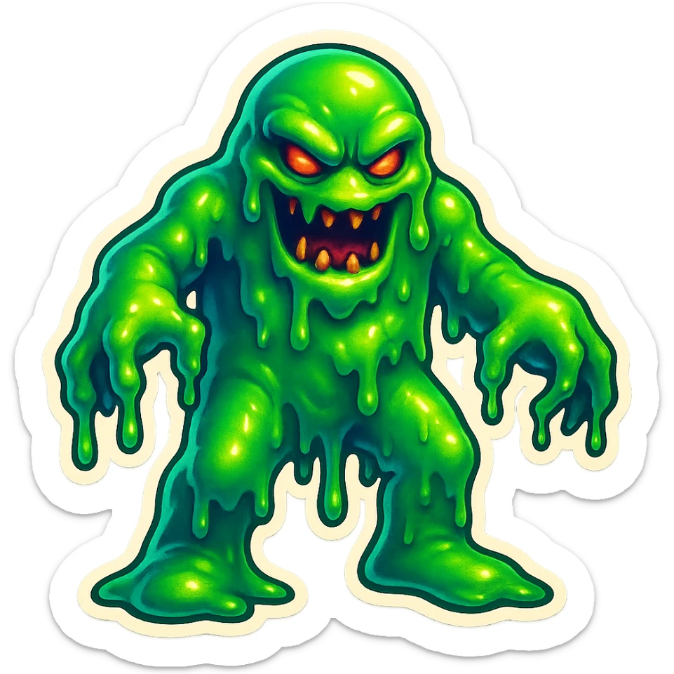 Slime monster. green slime. scary sinister. slime attacks. show full body. more dripping slime. talk humanoid slime creature. sinsiter and scary...green slime sticker