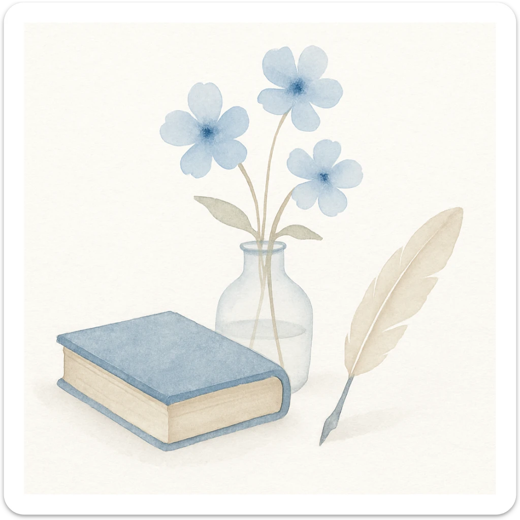 creative scene with an antique blue book, soft blue flowers in a glass vase, and a writing quill, arranged as an elegant still life sticker