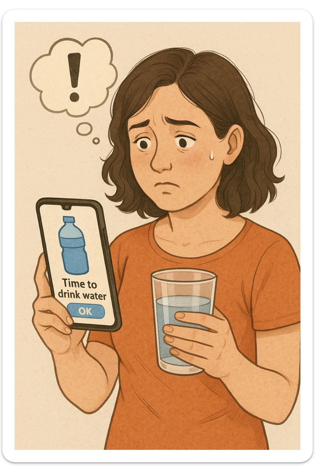 Donna che usa App per ricordarsi di bere, altrimenti non beve mai in italiano sticker