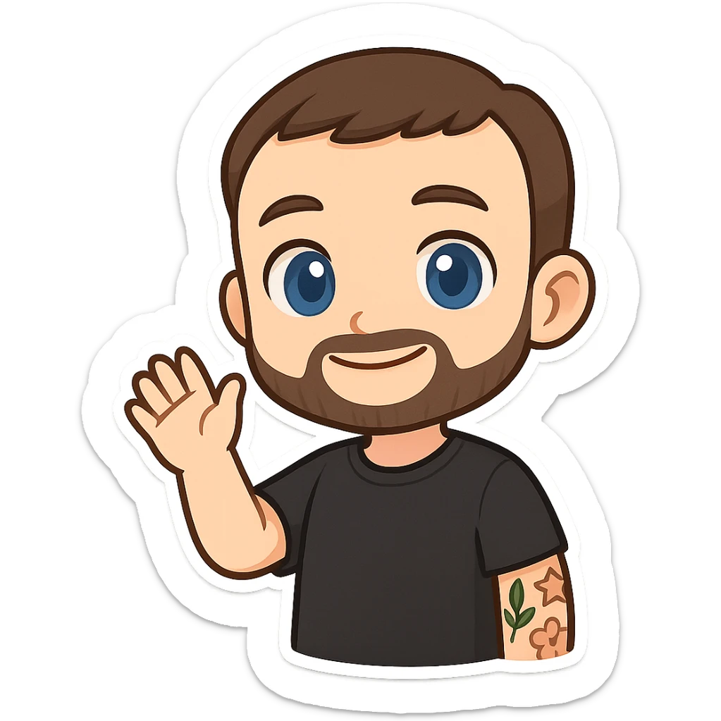 cute chibi cartoon-style male character, front-facing, short brown hair, neatly trimmed short beard, large blue eyes, smiling, waving with right hand, visible tattoos leaf star flower on left arm, wearing simple black t-shirt, smooth shading, clean lines sticker